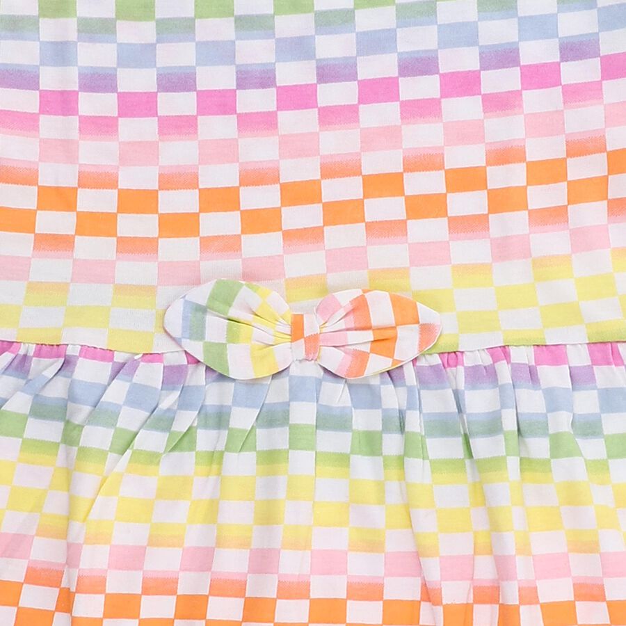 Girls' Multicolor Rainbow Checkered Flutter Sleeve Frock, Off White, large image number null