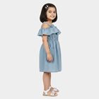 Girls' Light Blue Fit and Flare Ruffle Cold Shoulder Frock, हल्का नीला, small
