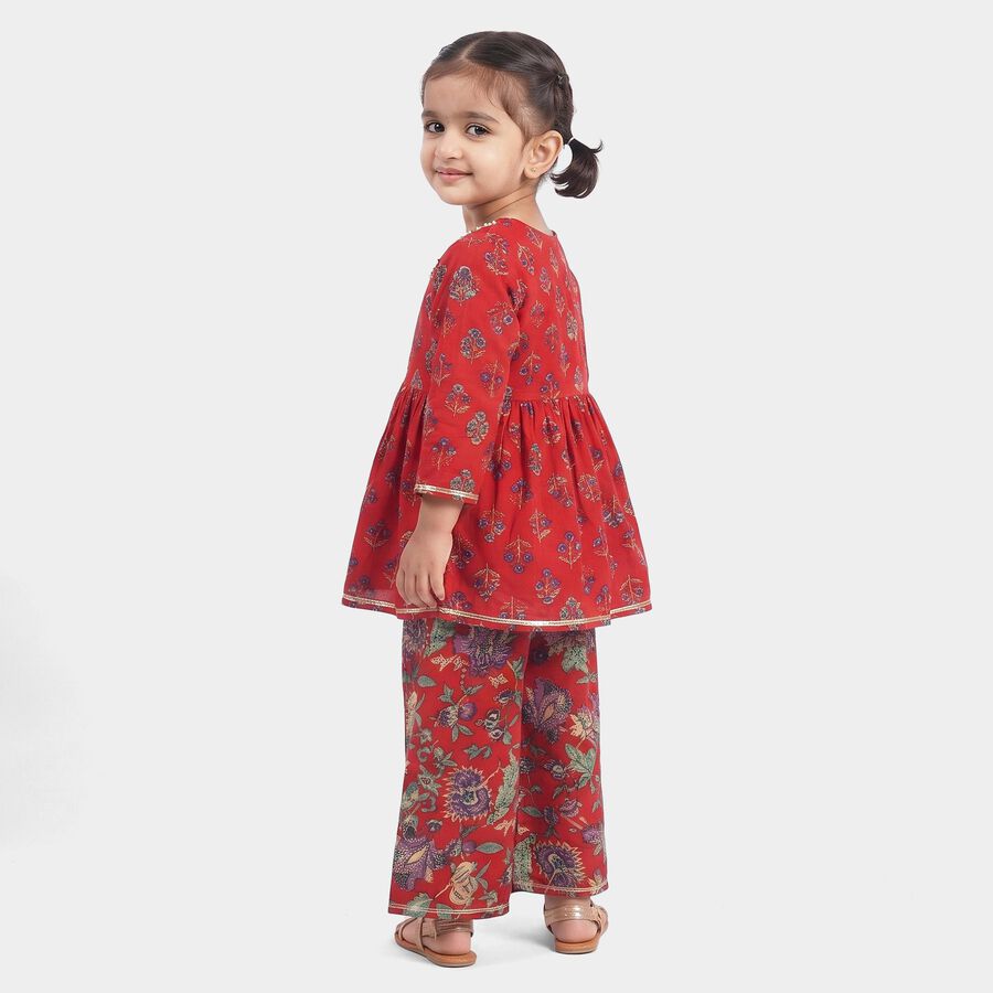 Girls Red Round Neck Fusion Set Upper and Bottom Set, लाल, large