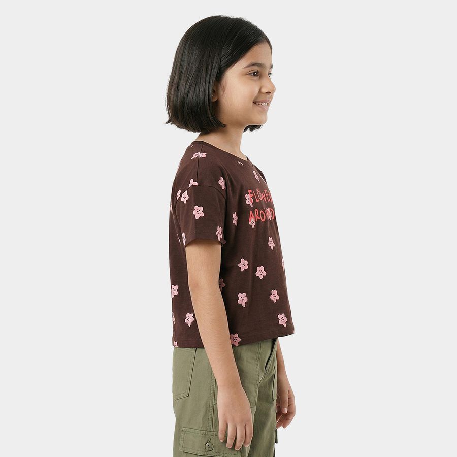 Girls Brown Cotton Casual T-Shirt, भूरा, large