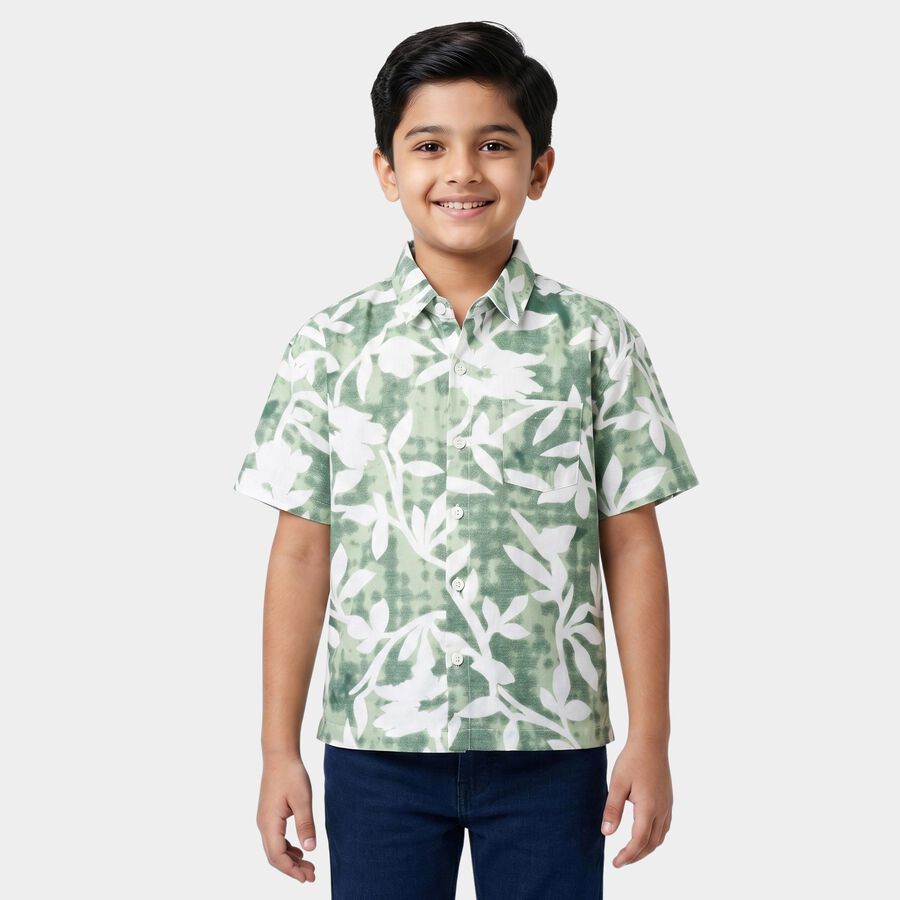Boys' Green Printed Collar Regular Fit Casual Shirt, हल्का हरा, large