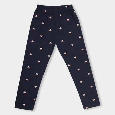 Girls' Dark Navy Blue Heart Printed Cotton Blend Pyjama
