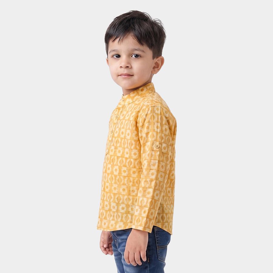 Boys' Yellow Cotton Mandarin Collar Casual Shirt, पीला, large