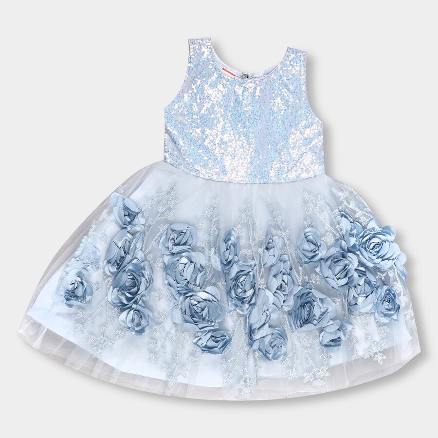 Girls' Light Blue Sequin and Floral Party Wear Frock, Light Blue, large image number null