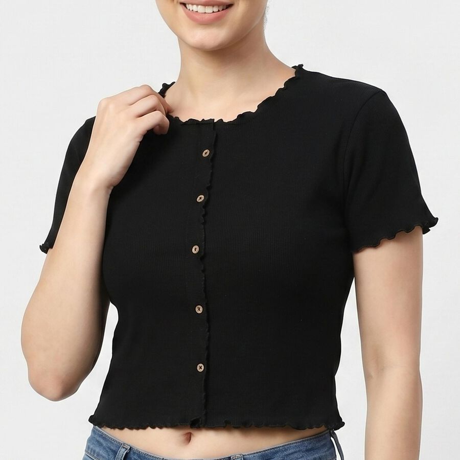 Women's Black Cotton Blend Top, काला, large
