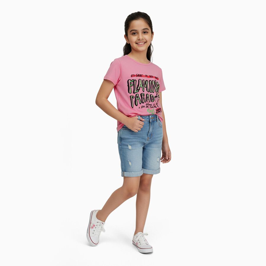 Girls Bright Pink Round Neck Casual T-Shirt, Pink, large image number null