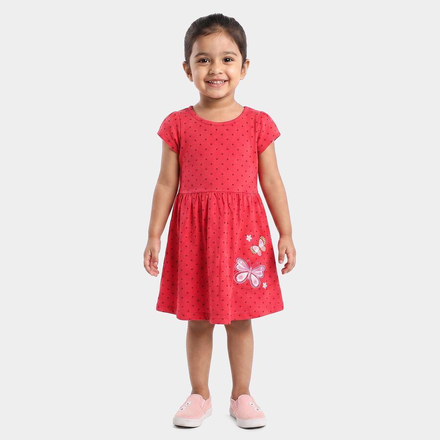 Girls' Fuchsia Fit and Flare Polka Dot Butterfly Print Frock, Fuchsia, large
