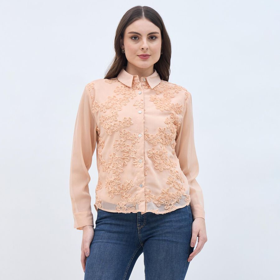 Women's Soft Peach Full Sleeve Classic Collar Romantic Shirt, Peach, large