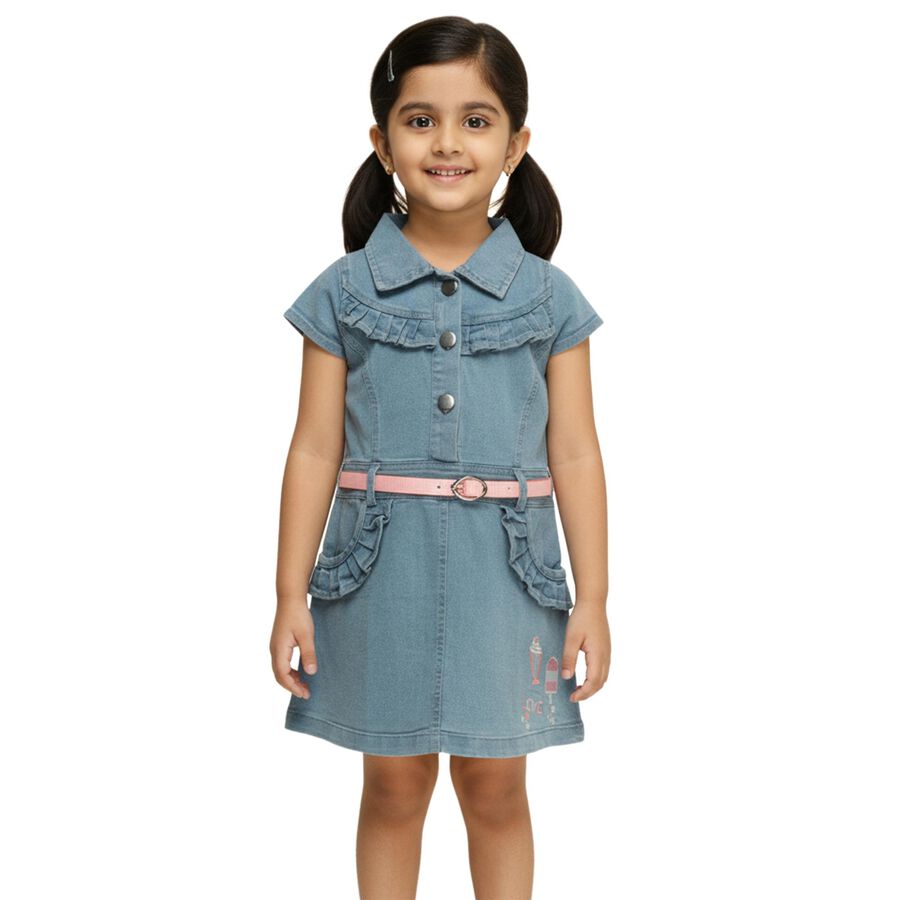 Girls' Light Denim Blue Ruffle Collared Casual Frock, Light Blue, large image number null