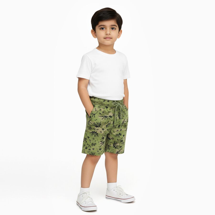 Boys' Muted Olive Green Printed Elastic Waist Bermuda Shorts, Olive, large image number null