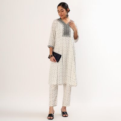 Women's Eggshell White Embroidered Ethnic Set