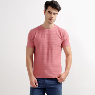 Men's Light Pink Round Neck Textured T-Shirt