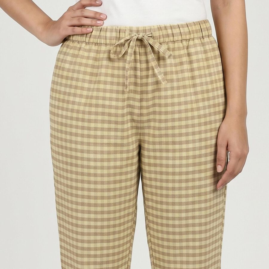 Women's Beige Straight Fit Checked Lounge Pyjama, गहरा पीला, large