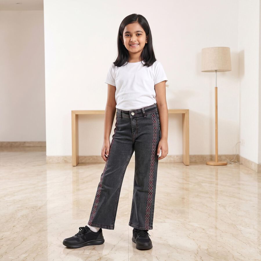 Girls Black Straight Fit Embroidered Jeans, काला, large