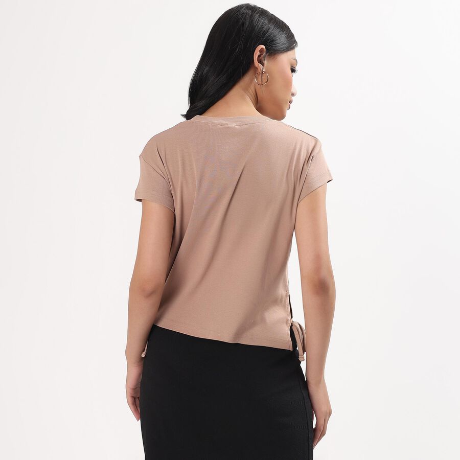 Women's Beige Cotton Round Neck Graphic T-Shirt, Beige, large
