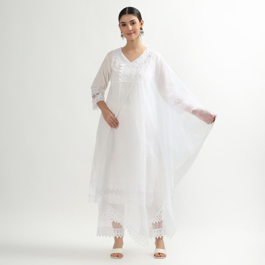 Women's White Cotton Embroidered Ethnic Set, Off White, large image number null
