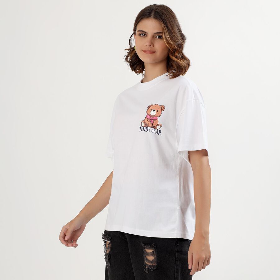 Women's White Cotton Round Neck Casual T-Shirt, सफ़ेद, large image number null