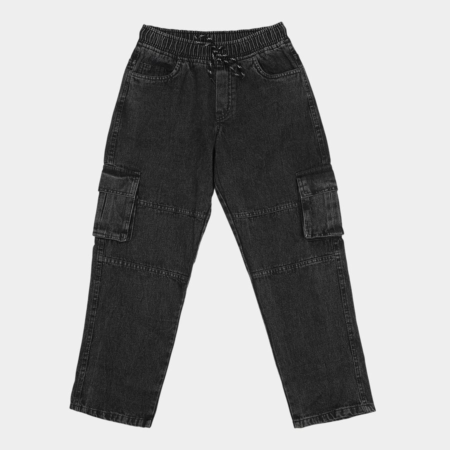 Boys' Black Relaxed Fit Cargo Jeans, काला, large