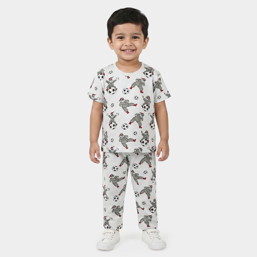 Boys Grey Cotton Round Neck Graphic Printed Night Suit, हल्का ग्रे, large