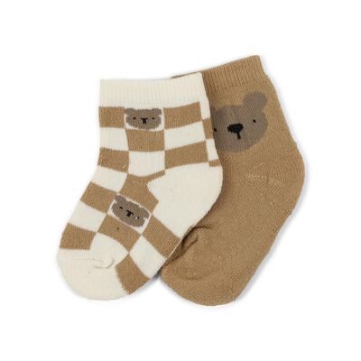Infants Beige and White Regular Fit Bear Design Pack of 2 Socks