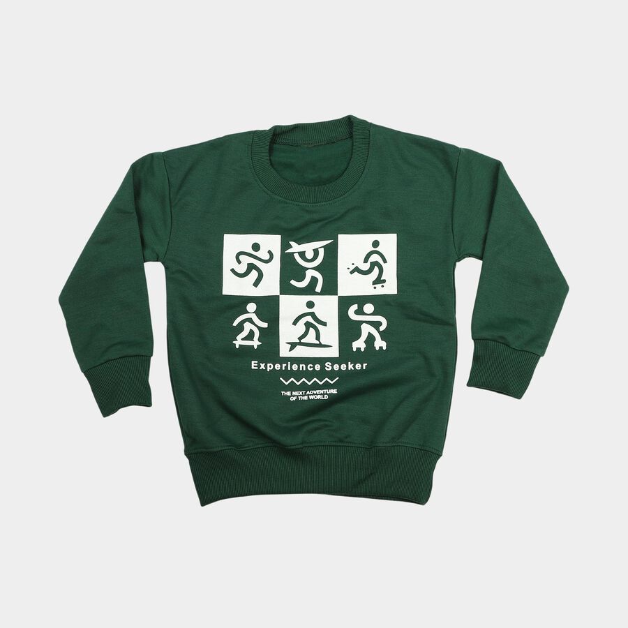 Boys' Green Crew Neck Graphic Print Sweatshirt, गहरा हरा, large