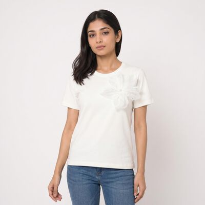 Women's White Round Neck Regular T-Shirt