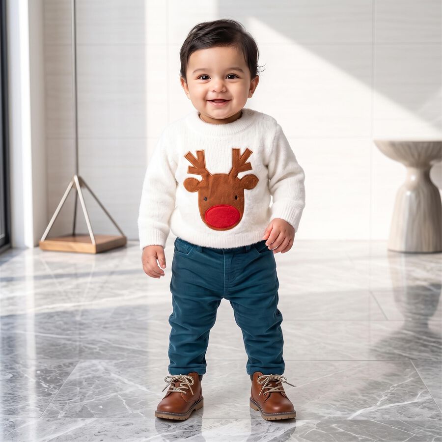 Infants White Crew Neck Long Sleeve Pullover, सफ़ेद, large