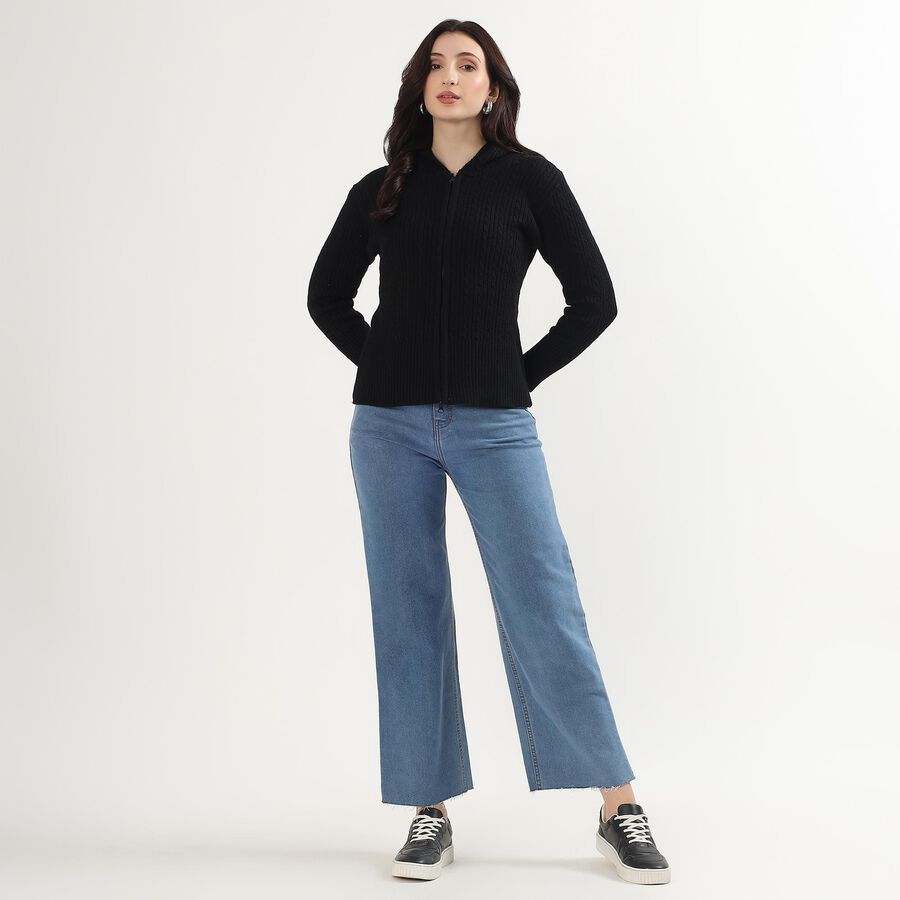 Women's Jet Black Hooded Casual Cardigan, Black, large