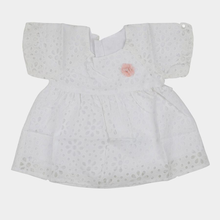 Girls White Round Neck Casual Dress, White, large