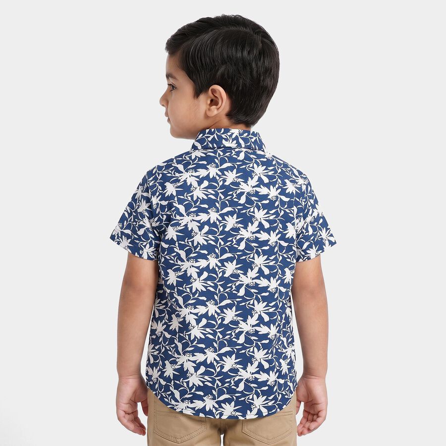 Boys Navy Blue Cotton Floral Printed Collar Shirt, Navy Blue, large