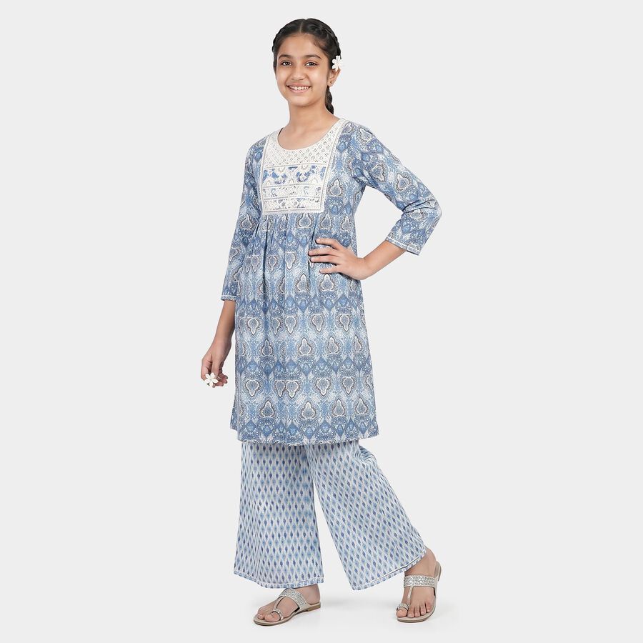 Girls Blue Round Neck Fusion Set Fusion Set, मध्यम नीला, large
