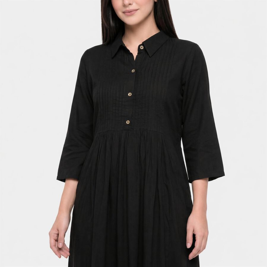 Women's Black Shirt Collar A-Line Kurta, काला, large