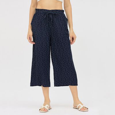 Ladies' Dark Navy Blue Regular Fit Flared Printed Capri