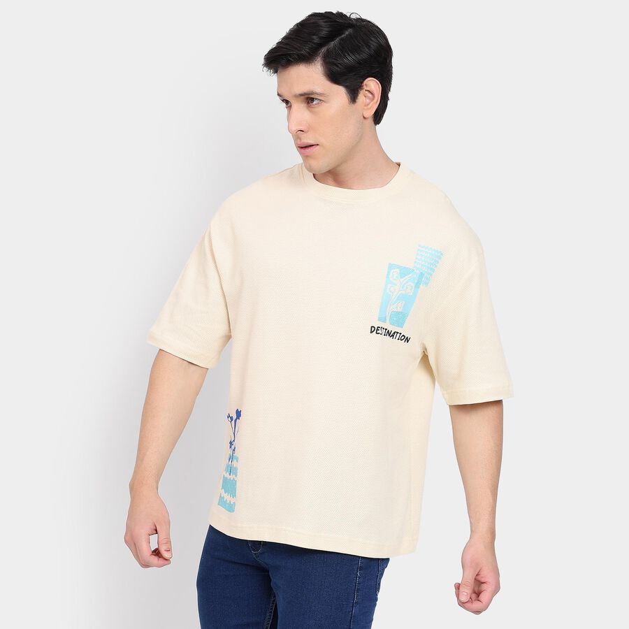 Men's 100% Cotton Round Neck Half Sleeves T-Shirt, Ecru Melange, large