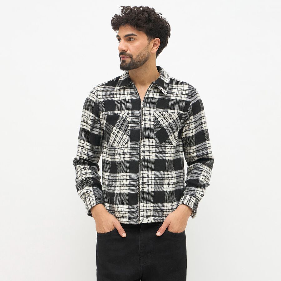 Men's Black and White Spread Collar Casual Jacket, काला, large image number null