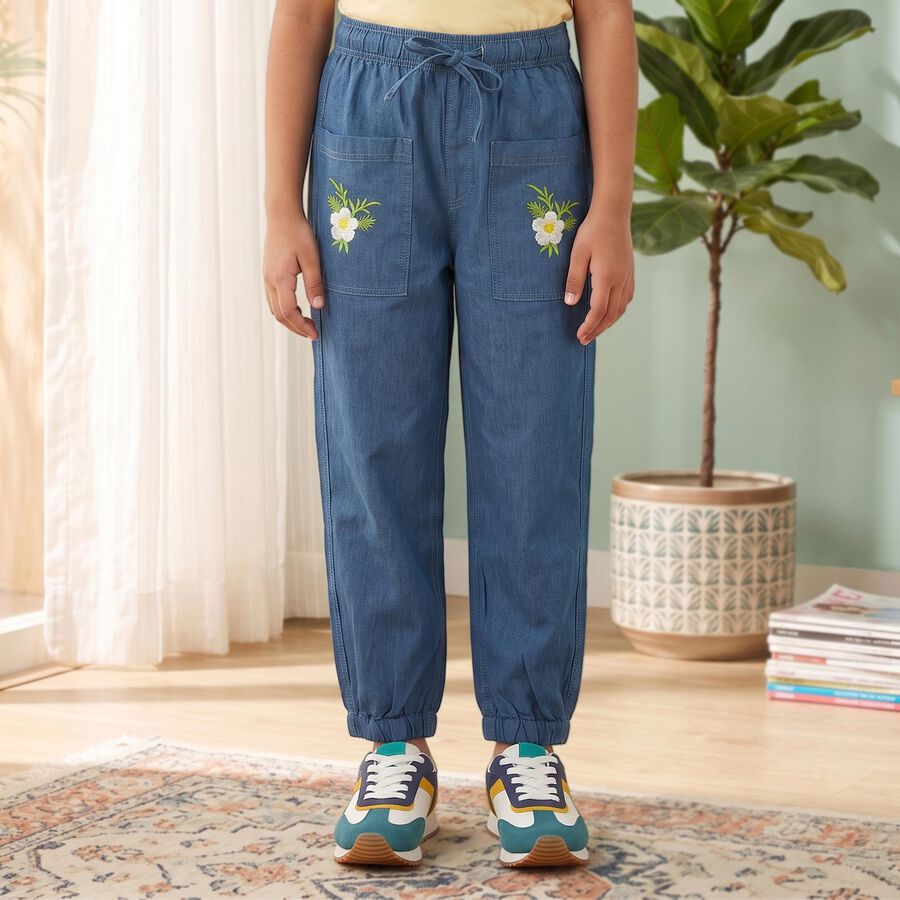 Girls Blue Jogger Fit Embroidered Jeans, Mid Blue, large