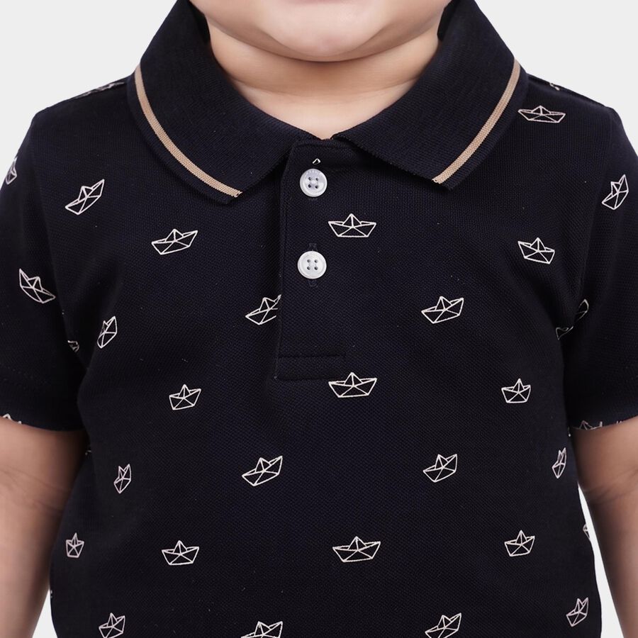 Infants' Navy Blue 100% Cotton Polo Neck Printed Baba Suit, Navy Blue, large