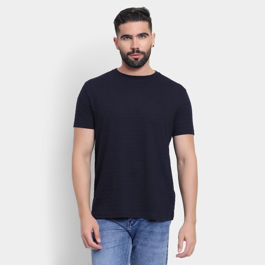 Men's Round Neck Half Sleeves T-Shirt , Navy Blue, large