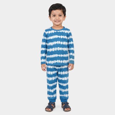 Boys' Blue Cotton Round Neck Tie-Dye Print Baba Suit