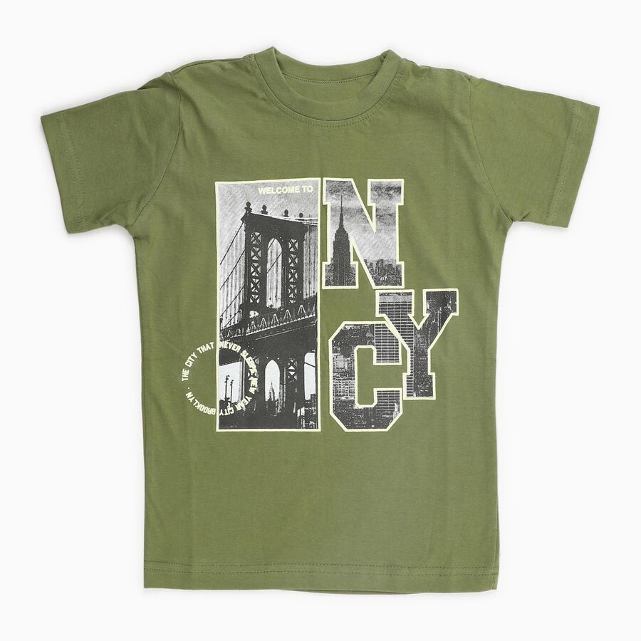 Boys Muted Olive Green Cotton Crew Neck Casual T-Shirt, Olive, large image number null