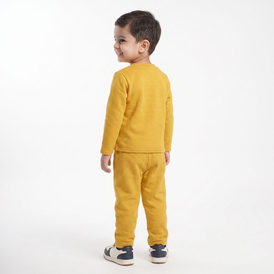 Boys' Mustard Crew Neck Graphic Print Baba Suit, पीला, large