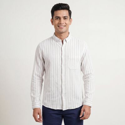 Men's Beige Cotton Spread Collar Casual Shirt