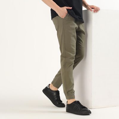 Men's Muted Olive Green Slim Fit Elastic Waist Casual Trousers