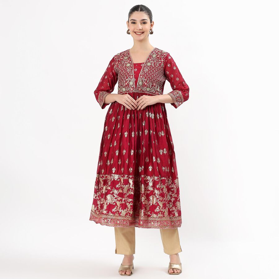 Women's Burgundy V-Neck Embroidered Anarkali Kurta, Fuchsia, large image number null