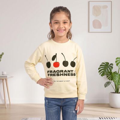 Girls' Cream Crew Neck Graphic Print Sweatshirt