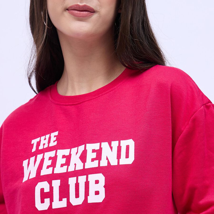 Women's Bright Red Crew Neck Casual Sweatshirt, रानी (फ्यूशिया), large image number null