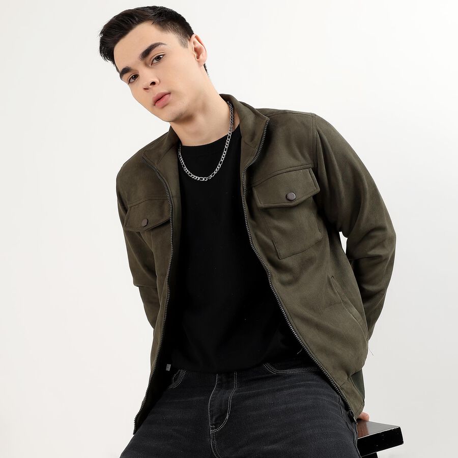 Men's Muted Olive High Neck Casual Jacket, Olive, large image number null