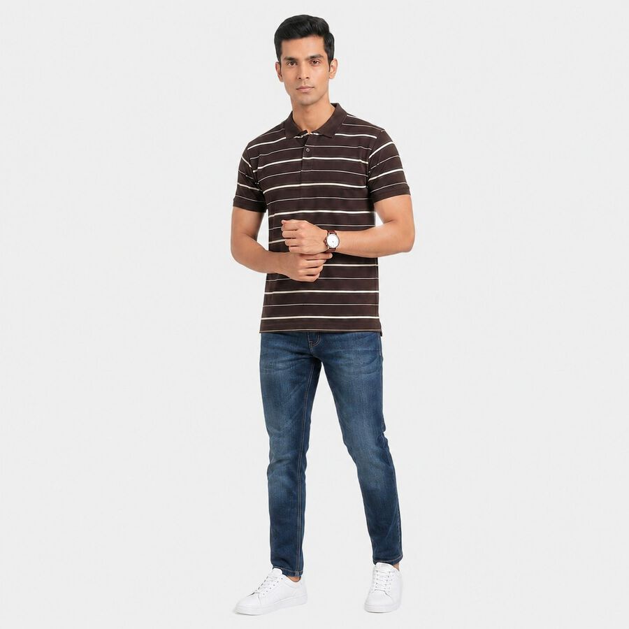 Men's Brown Cotton Polo Neck Striped T-Shirt, भूरा, large