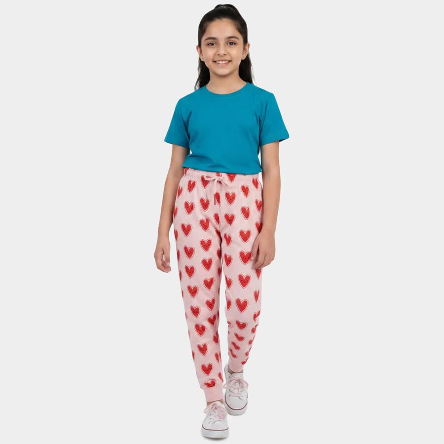 Girls Light Pink Regular Fit Heart Printed Pyjama, Light Pink, large
