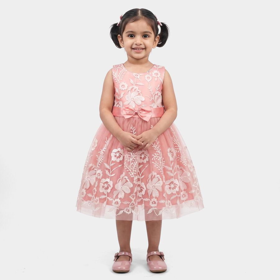Girls' Pink Floral Embroidered Fit and Flare Frock, Pink, large